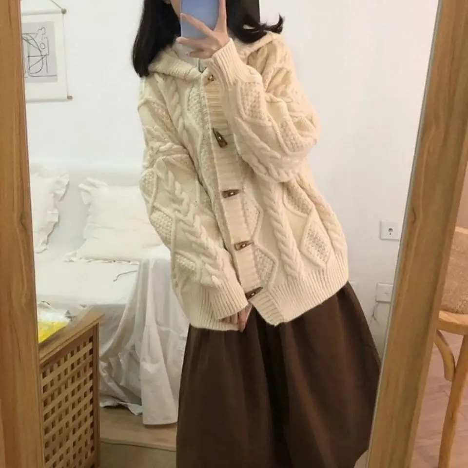 Kawaii Hooded Cardigans Japanese Style Single Breasted Buckles Vintage Solid Spring Autumn Outwear Sweet All Match Teens Casual