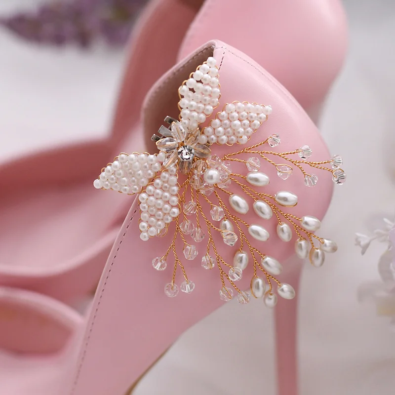 YouLaPan-Pinzas para zapatos con perlas y diamantes de imitación, accesorio decorativo con flores, para boda, 1 par