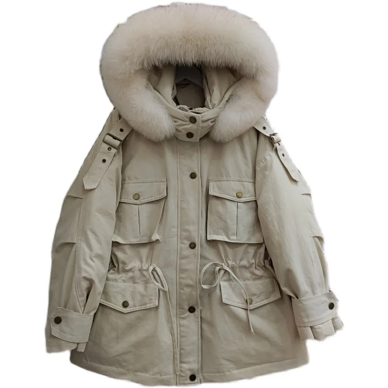 Parkas de alta calidad para mujer, chaqueta de invierno con cuello de piel de zorro Natural, chaquetas con capucha con bolsillo, abrigo de algodón grueso y cálido a la moda