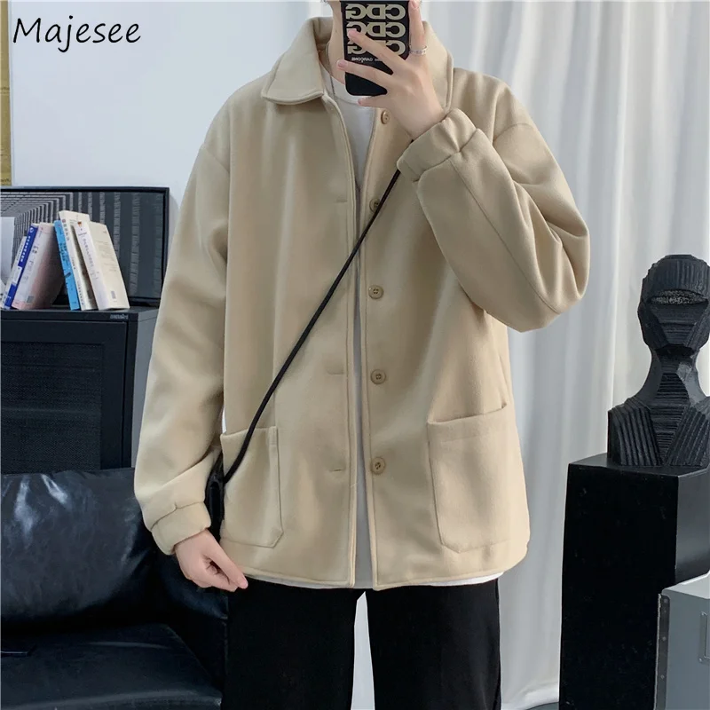 

Autumn Winter Wool Blends Men Button-up Solid Turn-down Collar Ins Fashion Baggy XXL Pockets Harajuku Ulzzang Coats Warm Outwear