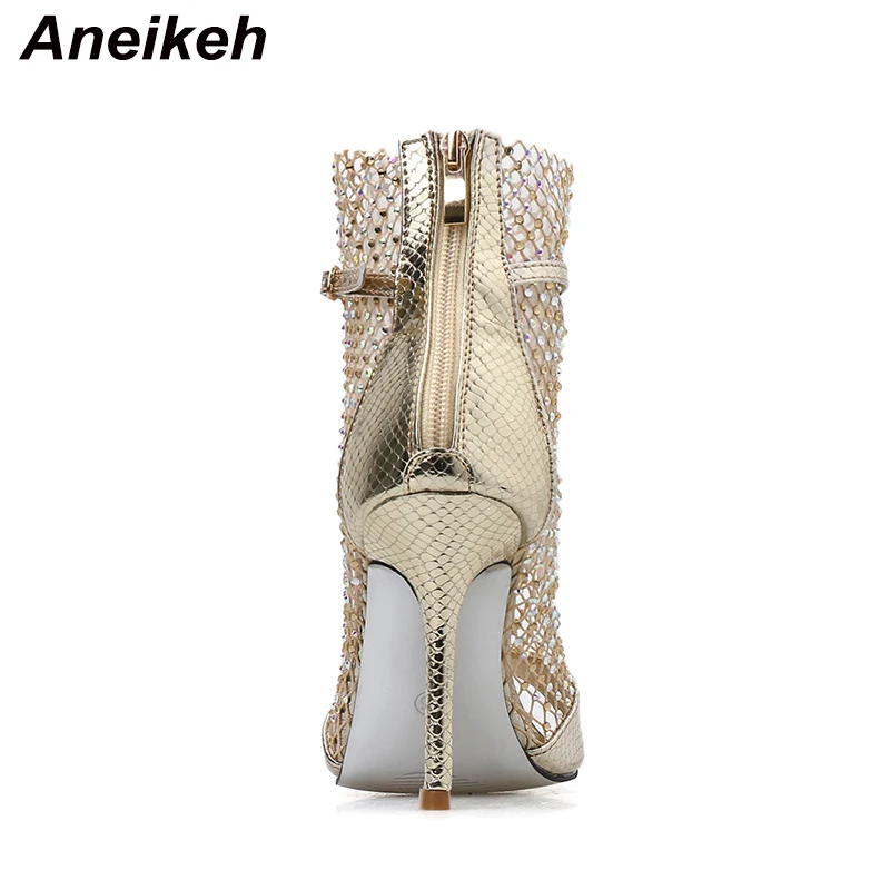 Aneikeh-Sandalias de malla con diamantes de imitación para mujer, botines sexys de tacón alto con purpurina dorada, zapatos de fiesta, moda de