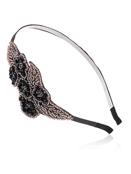 1920s Flapper Vintage Gatsby Brown Black Beaded Flower Hair Headband