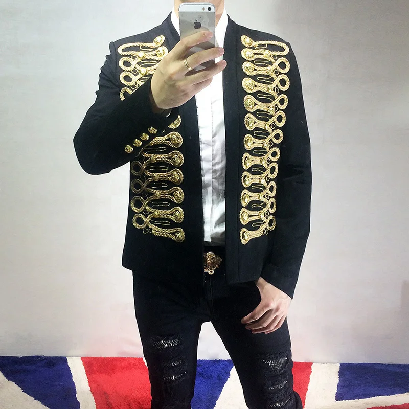 Stage Suit Retro Men Party Suit Gold Thread Button Blazer Slim Fit Jacket Singer Coat Performer Coat Casual Drama Costume Blazer