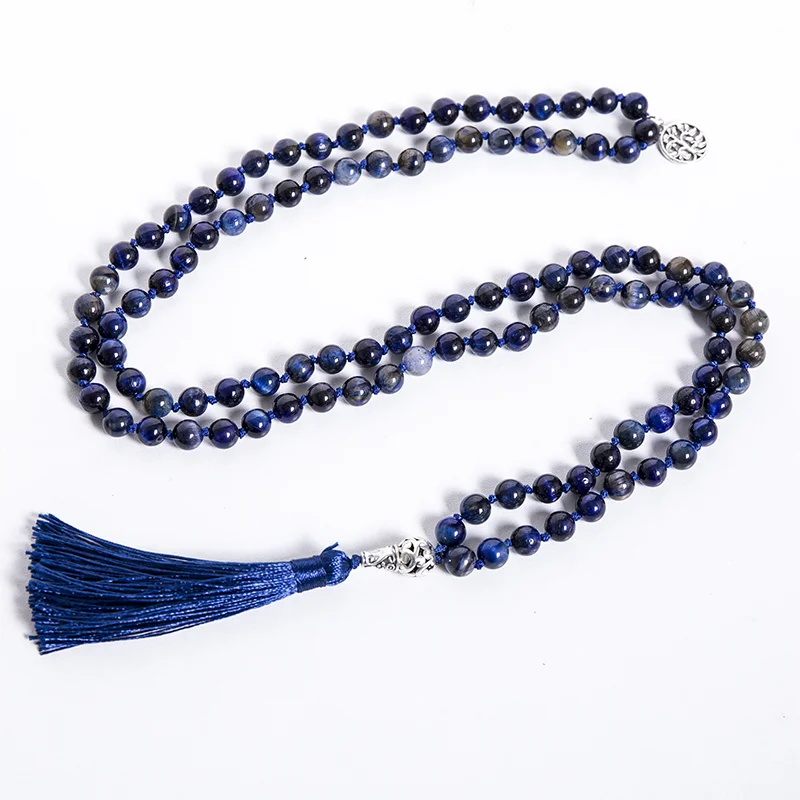 8mm Natural Lapis Lazuli Tiger Eye Stone Beaded Knotted Necklace Meditation Yoga Jewelry 108 Japamala Rosary Tree of Life Amulet