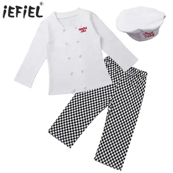 아기 소년 소녀 요리사 할로윈 코스프레 카니발 의상, 키즈 요리사 주방 유니폼 티셔츠 바지 모자 사진 의상