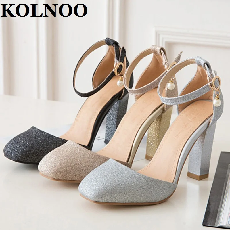 

KOLNOO Handmde Womens Chunky Heels Sandals Buckle Ankle Strap Pearl Two Peices Sexy Evening Fashion Party Prom Summer Shoes T710