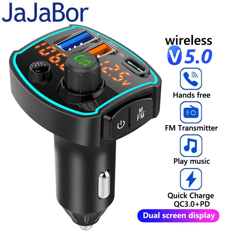 

JaJaBor FM Transmitter Bluetooth Carkit Handsfree Car MP3 Player QC3.0 Quick Charge Car Charger Support U Disk Playback