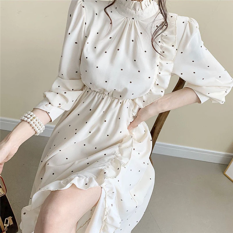 

Casual Women Korean Dot Ruffles High Waist Mid-Calf A-Line Dress Spring Long Sleeve O-Neck Elegant Ladies Slim Dresses Vestidos