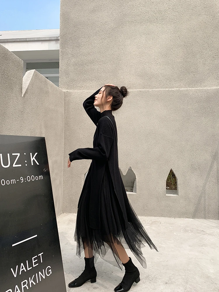 

Two Women's Set Piece Sweater Autumn Winter Mesh Skirt Knit Suit Turtleneck Black Casual Dress Ropa Mujer 2023 KJ2323