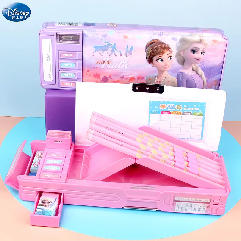 Caja de papelería Disney Frozen Aisha Princess para escuela primaria, estuche de lápices plegable de doble cara multifuncional para mujer, nuevo