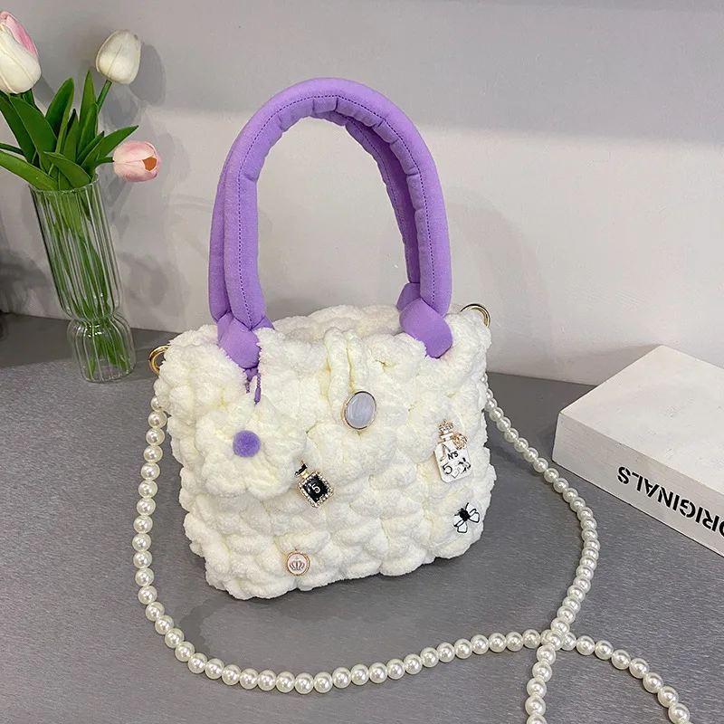 Pearl Fashion Bag 2022 Girls DIY Woven Cotton Candy Cloud Messenger Bag Small Purses and Handbags for Kids