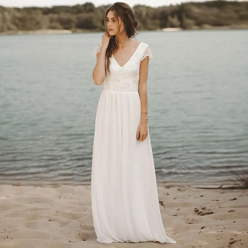 Abiti da sposa a maniche corte in pizzo con scollo a v Sexy 2021 abiti da sposa lunghi abiti da spiaggia su misura Boho abiti da matrimonio