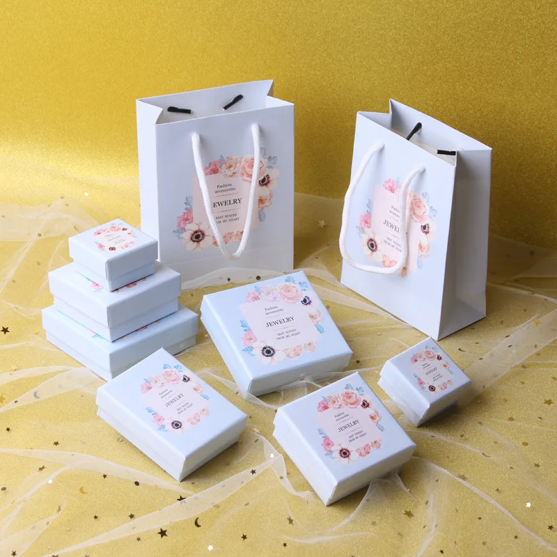 12Pcs Paper Jewelry Packaging Box Light Blue With Flower Printing Paper Earrings Pendant Rings Multi Size Packaging Boxes Bags