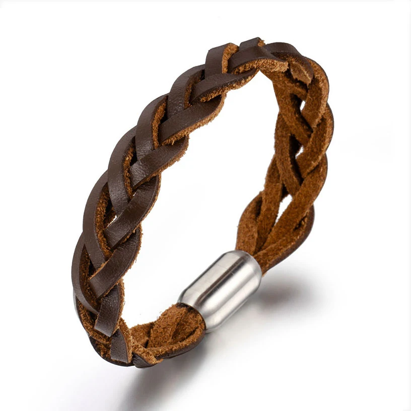 Brown Double Colors Hand-Woven Charm Wrap Men Leather Bracelets Punk Curb Cuban Link Chain Bangle For Male Gift