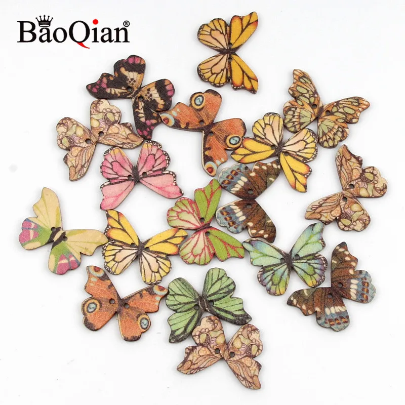 20Pcs 2 Holes Colorful Butterfly Wooden Buttons Fit Sewing And Scrapbooking Sewing Buttons For Craft DIY Decoration 21x28mm