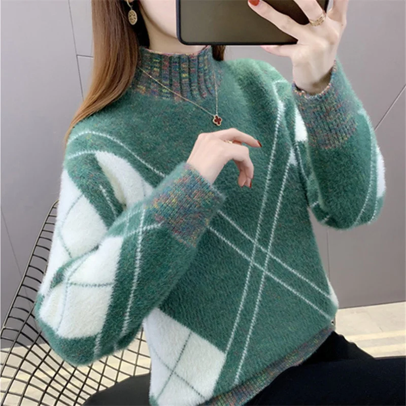 Half High Collar Mink Fleece Patchwork Sweater Women Korean 5 Color Jumper Ladies Autumn Winter Thick Warm Short Pullover Female