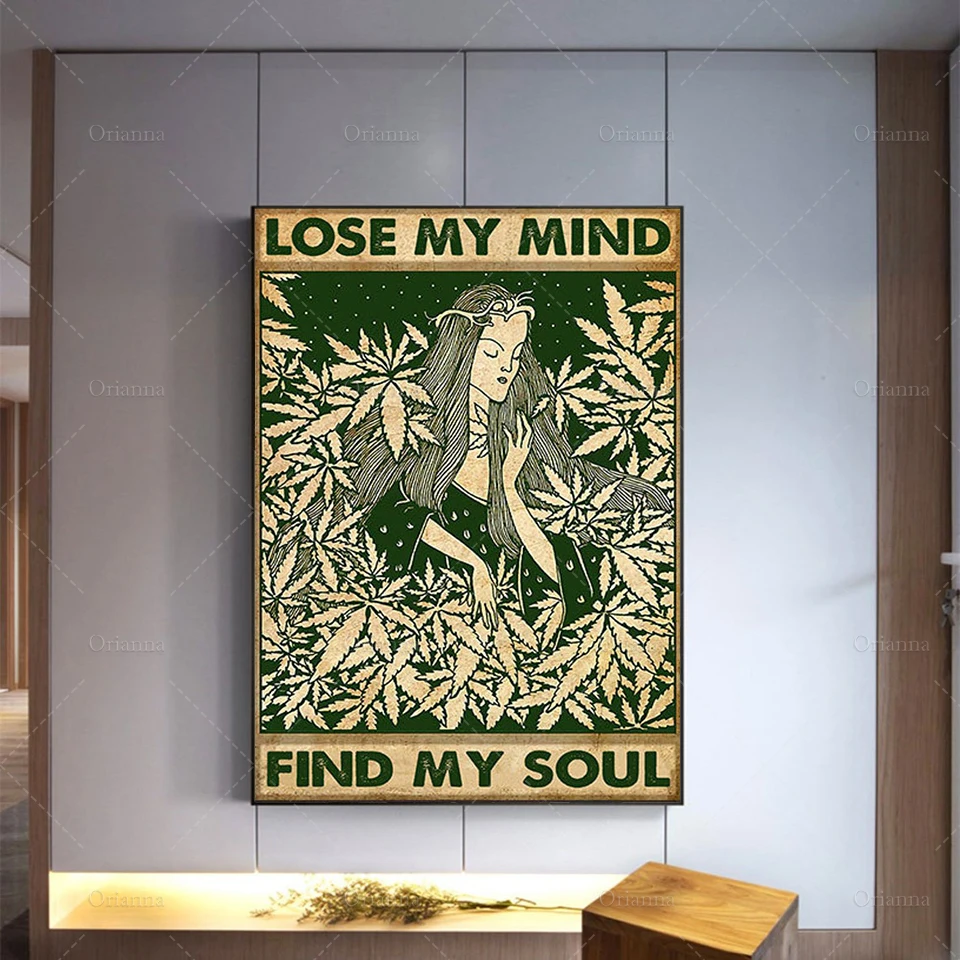 Lose Your Mind Find Your Soul Wall Decor, Girl Into The Forest Art Print, Girl Love Weed Art, Plant Wall Art Canvas Painting