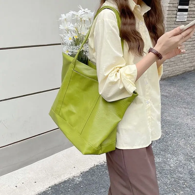 Soft PU Leather Ladies Shoulder Bag Large Capacity Women Student Book Shopping Bag Casual big Tote female Handbag green bolsas