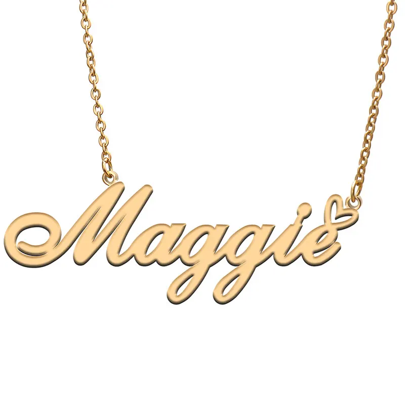 Maggie Name with Love Heart Necklace for Women Stainless Steel Jewelry Nameplate Pendant Femme Mother Child Girls Gift