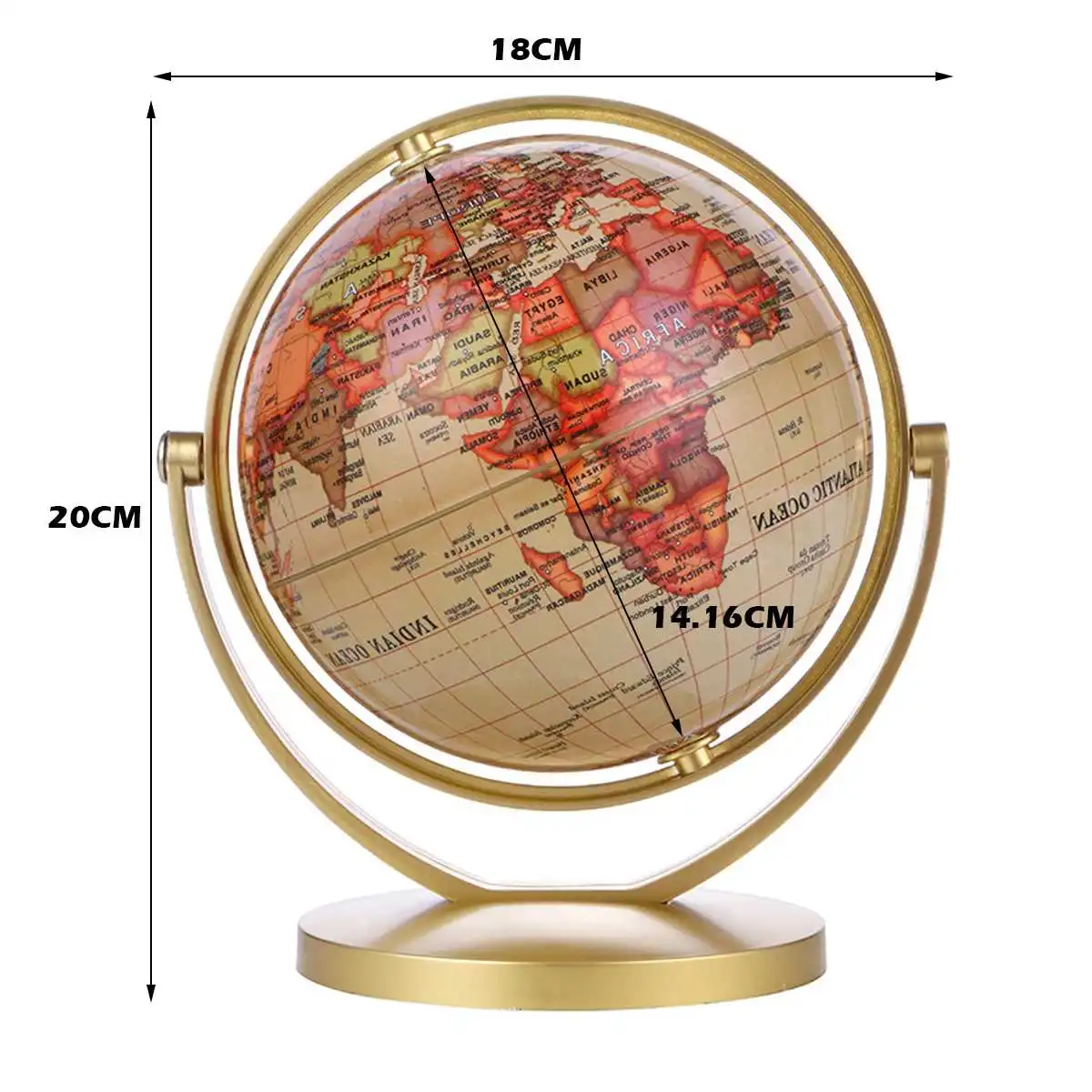 14CM/25CM Gold World Globe Map 360° Rotating With Stand School Geography Educational Supplies Kids Exploring Home Office Decor