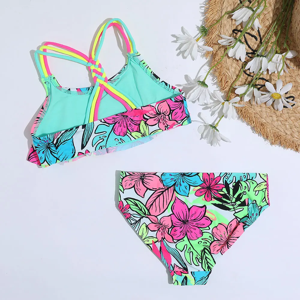 4-18 Years Flounce Girl Swimsuit Kids Tropical Floral Two Piece Children\'s Swimwear Crochet Strap Bikini Set Girls Bathing Suits