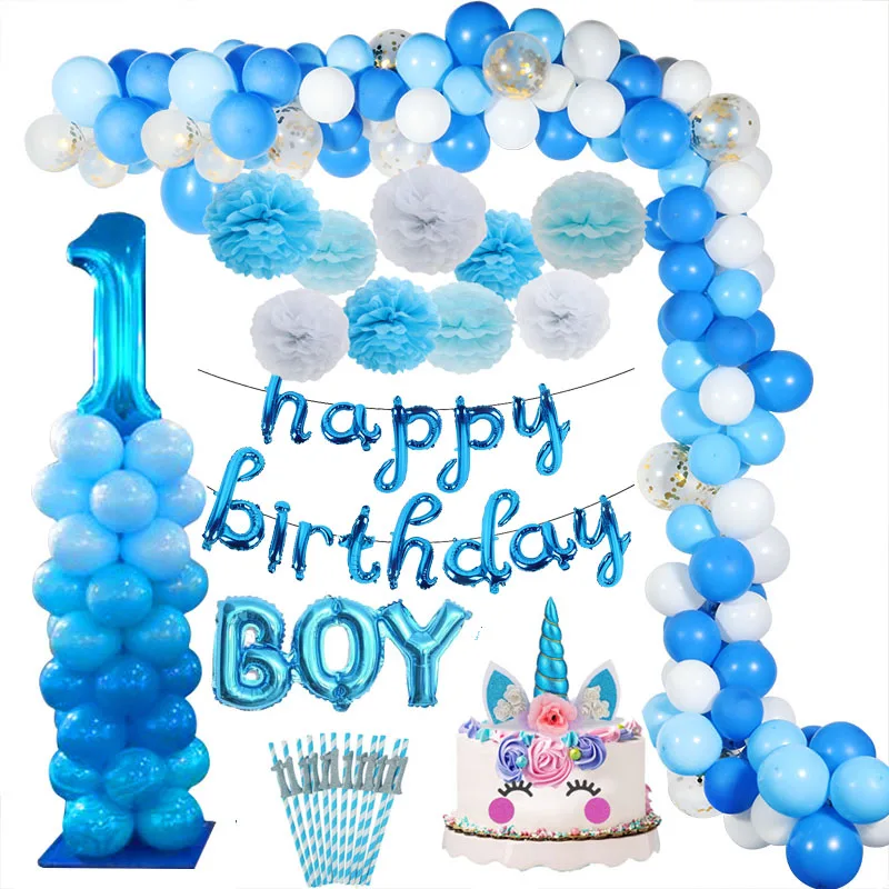 WEIGAO Blue One Foil Balloons Set First Birthday Decor One Year Old Number Balloons Baby Shower Boy 1st Birthday Decor Supplies