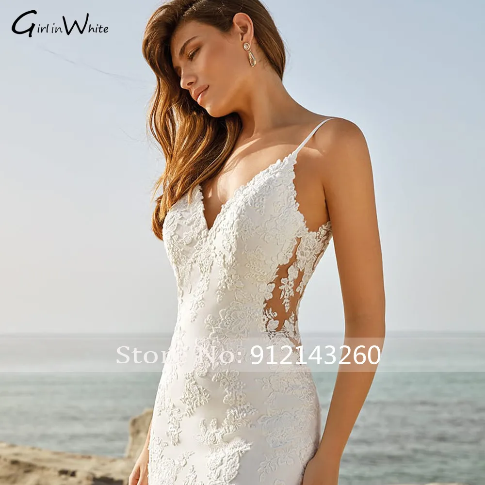 Sexy Illusion Waist Spaghetti Strap Lace Wedding Dress Mermaid customized Court Train Beach Wedding Bride Gown vestido de noiva