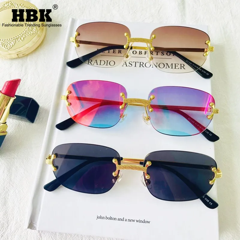 HBK Rectangle Rimless Sunglasses Women Ladies Luxury Brand Designer Sun Glasses Small Frameless Mirror Alloy Shades Pink Brown