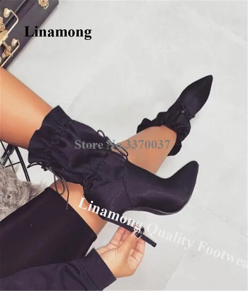 

New Fashion Women Pointed Toe Stiletto Heel Short Gladiator Boots Black Suede Leather Elastic Band High Heel Ankle Boots Shoes