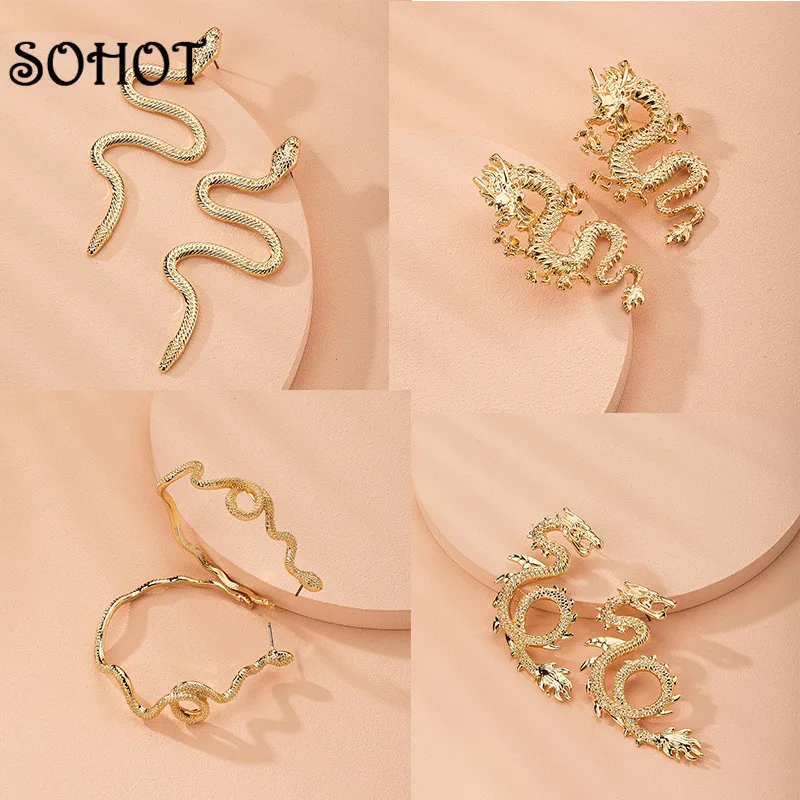 SOHOT Various Irregular Snake Dragon Shape Alloy Gold Color Women Stud Earrings Chic Wholesale Cute Animal Female Jewelry Bijoux