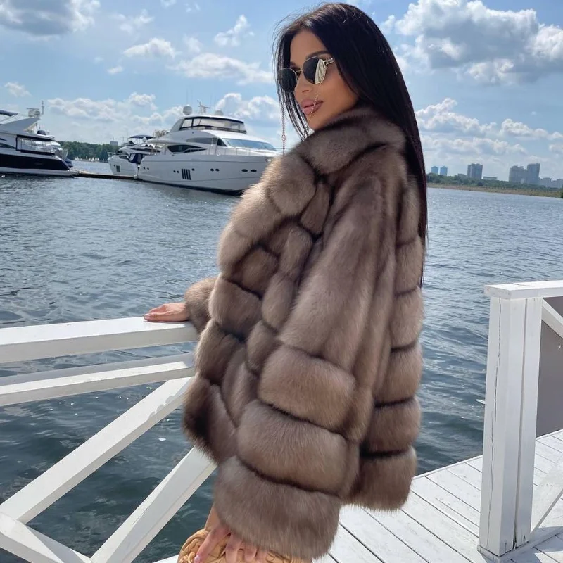 Sable Color Natural Fox Fur Jacket Women Spring Luxury Warm Outertwear Long Sleeve Lapel Genuine Real Fur Coat Lady Topfur