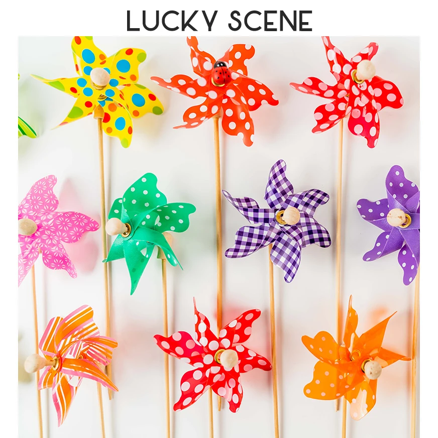 10Pcs Mini Colorful Wooden Pole Flower Windmill Print Insert Card Cake Plant Party Birthday Decoration  S01279