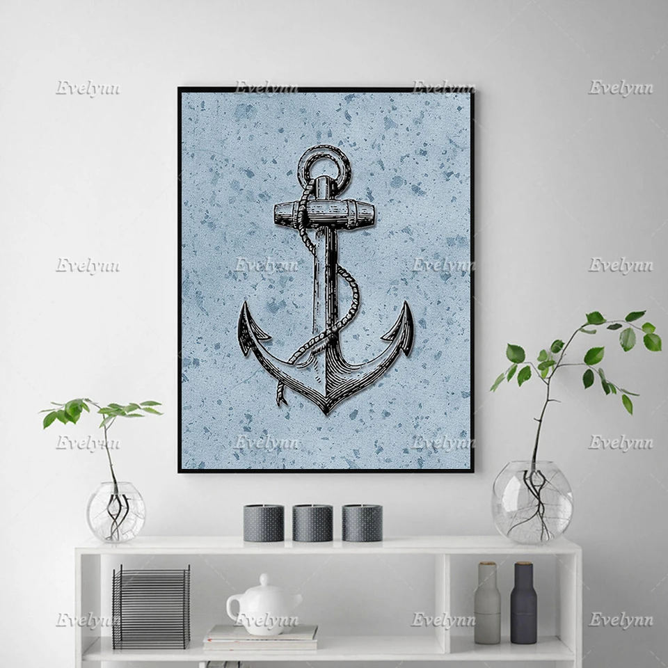 Blue Black Anchor Navy Anchor Printable Vintage Nautical Decor,Anchor Wall Decor Nautical Artwork,Navy Art Poster Floating Frame