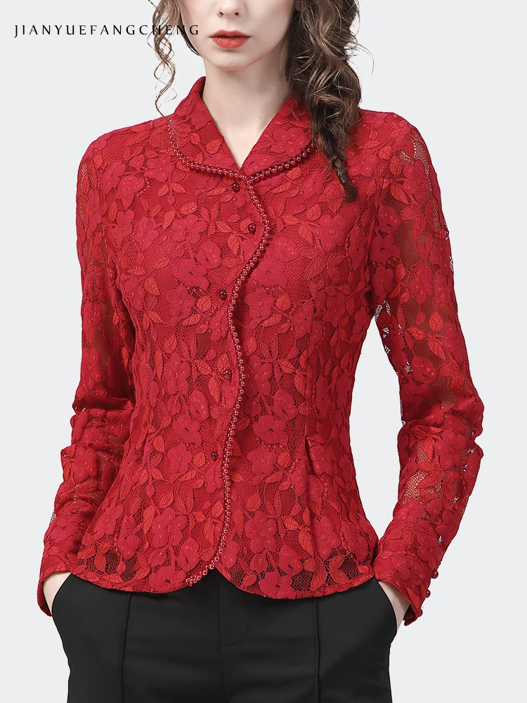 Fashion Peter pan Collar Womens Red Lace Floral Shirt Long Sleeve Elegant Bodycon Hook Flower Hollow 2022 Spring Blouses Tops