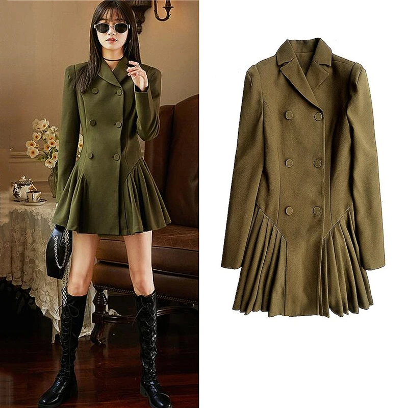 

Women's Double-Breasted Full Sleeve Slim A-Line Pleated Dress, High Street Style, Autumn Fashion Clothes, SL035