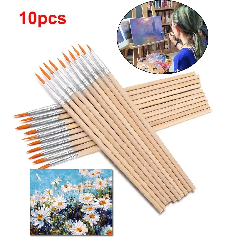 10Pcs/set flat/tip Nylon Hair Wooden Handle Hook Line Pens Paint Brushes Watercolor Brush Drawing Brush Calligraphy Supplies