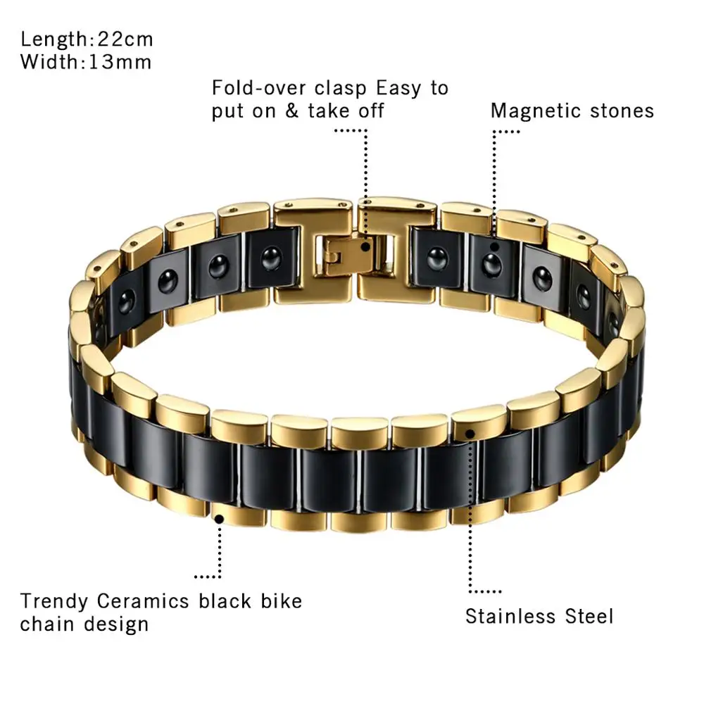 Black/White Ceramic Bracelet Magnetic Stone Therapy Health Stainless Steel Bracelets Men\'s Jewelry 20.5*13 mm pulseras hombre