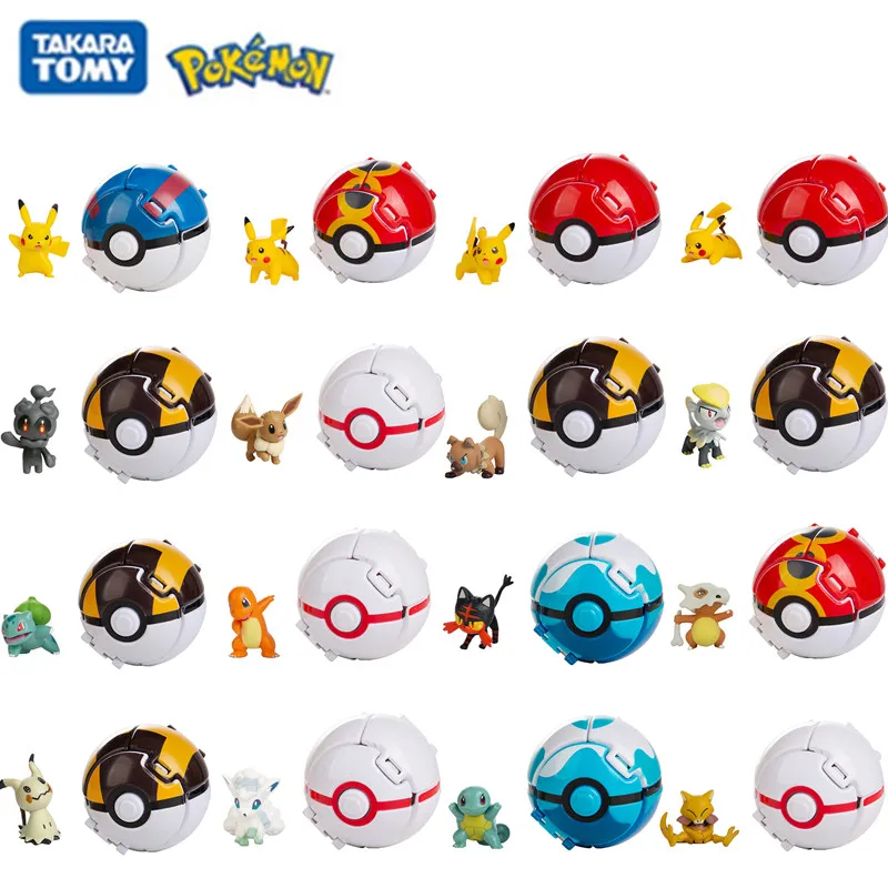 17 Styles Pokemon Anime Figure Pikachu Eevee Vulpix Litten Abra Pet Elf Deformation Ball Pocket Monster Pokeball Toy Model Gifts