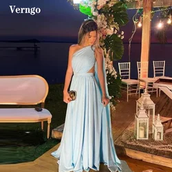 Verngo Simple Light Blue Chiffon Satin Evening Dress One Shoulder Pleats Cut-out Long Cape Sleeve Prom Dresses Women Plus Size