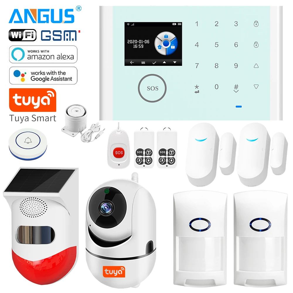 

Angus Home Security External Wifi Camera Siren Alarm System with Remote Control Intercom Door Opening Sensor For House