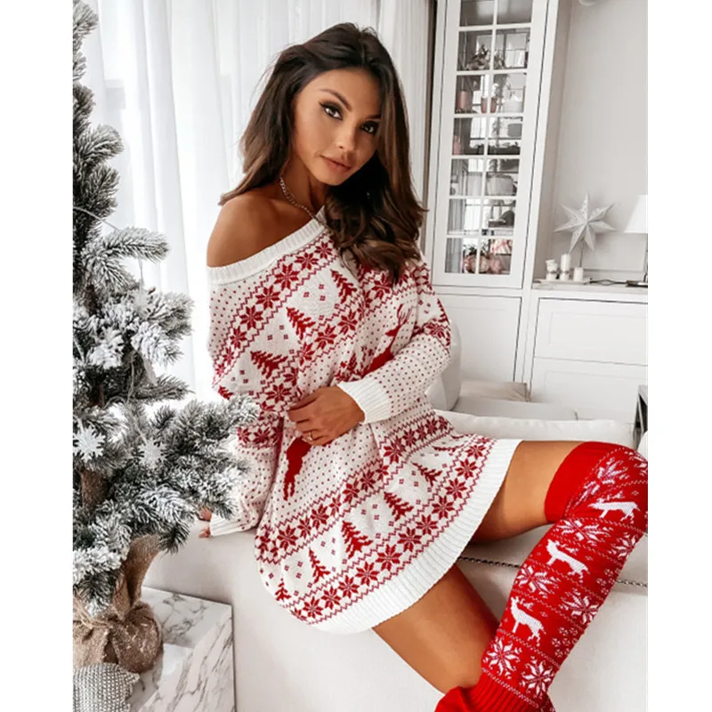 Women Christmas Sweater Dress Autumn Winter Long Sleeve Off Shoulder Kniteed Casual Pullover Oversized Fashion Jumper New