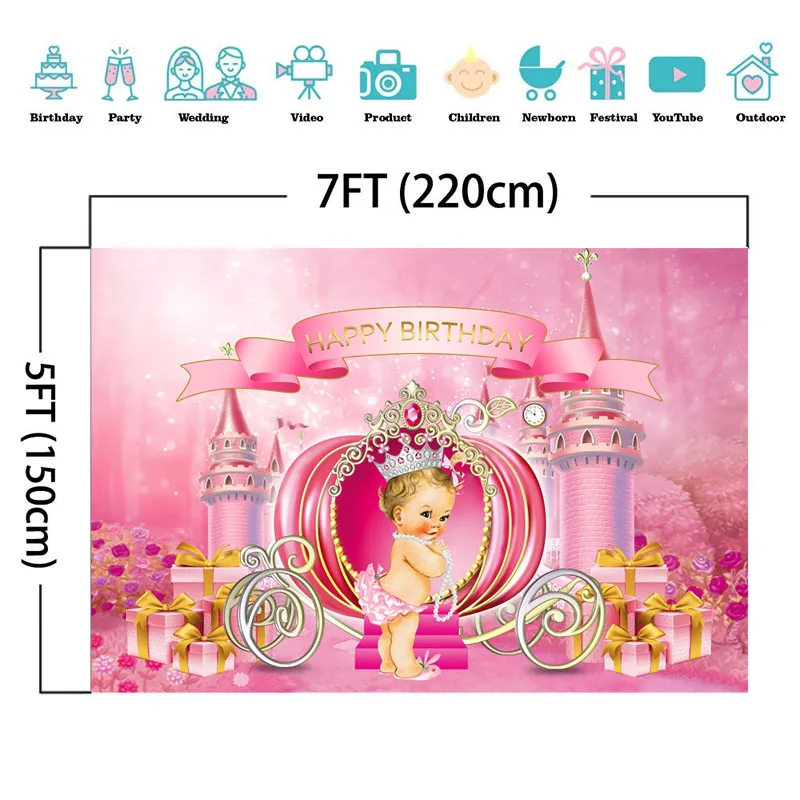 Toile de fond de photographie d'anniversaire de petite princesse pour fille rose, bannière de fête d'anniversaire, château, Aliments, chesdistricts age