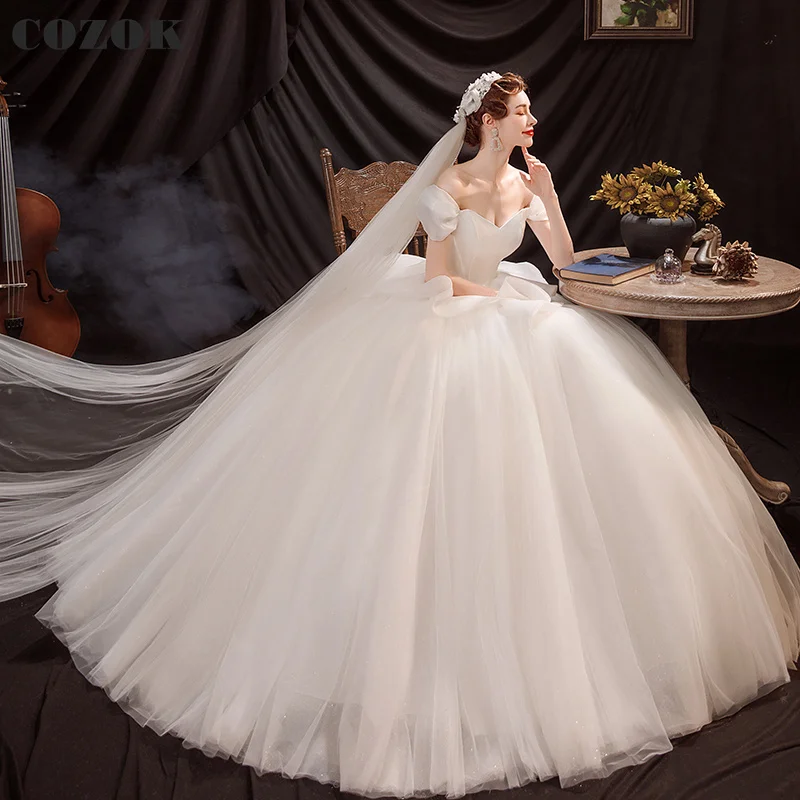 Short Puffy Sleeve Wedding Dresses for Women Ball Gown Tulle Elegant Simple Bridal Gowns CO10