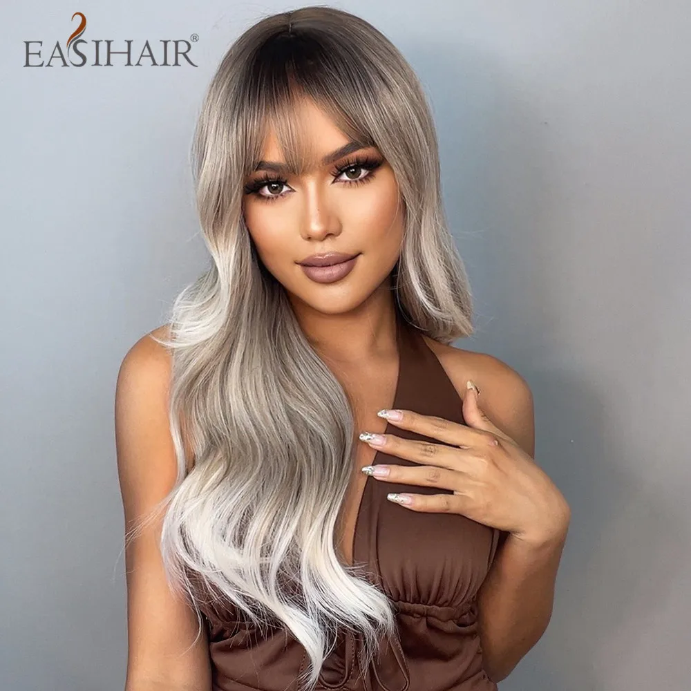 EASIHAIR Ombre Gray Ash Wavy Wigs with Bang Light Blonde Platinum Synthetic Long Hair for Women Daily Party Heat Resistant Fiber