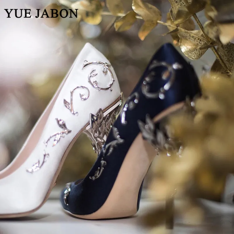 Sweet White Gold Blue sexy high-heels bridal wedding shoes banquet dress female Elegant Silk Women Pumps Metal Heel Party Shoe