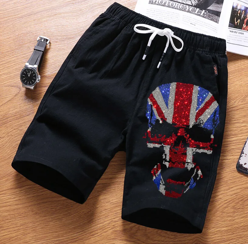 New  Men's Summer Casual Skull Shorts Men Straight  Male Fashion Cotton Beach Short  Hot drill  Plus Size 4XL