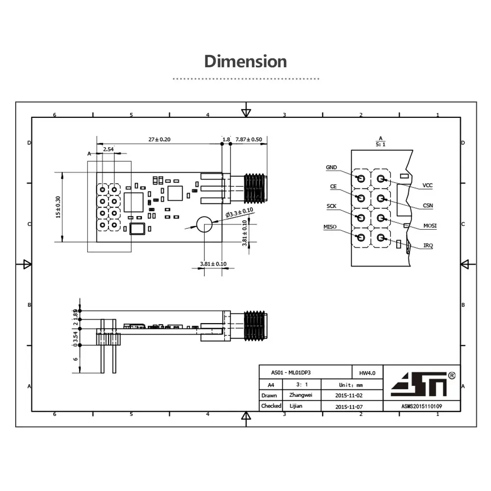 2.4GHz 100mW Industrial Wireless Data Transceiver Module AS01-ML01DP3 SMA Connector nRF24L01P PA LNA