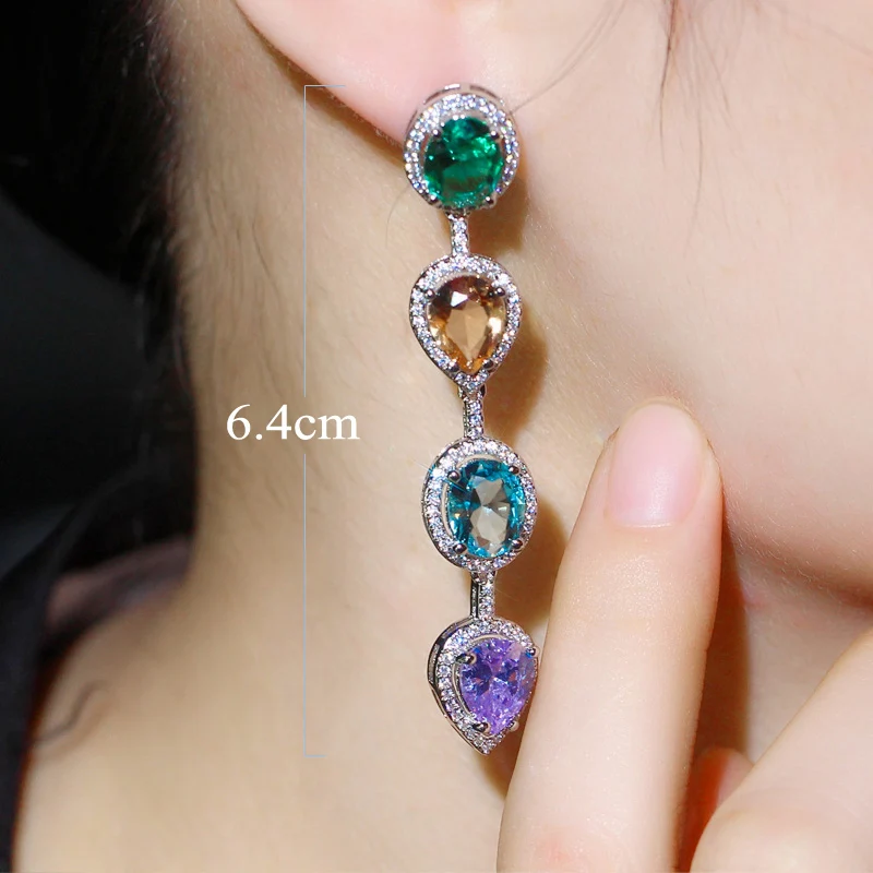 CWWZircons Green Blue Cubic Zircon Crystal Dangling Long Water Drop Ear Line Earrings Trendy Ladies Boho Party Jewelry CZ728