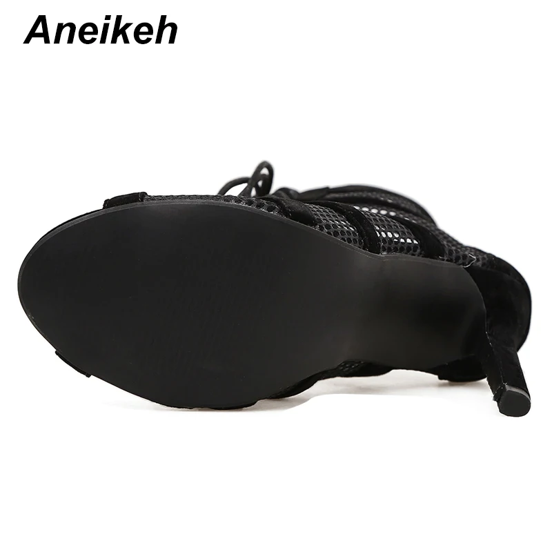 Aneikeh 2024 Mode Basis Sandalen Laarzen Vrouwen Hoge Hakken Pumps Sexy Uitgehold Mesh Veterschoenen Gekruiste Laarzen Feestschoenen 35-42