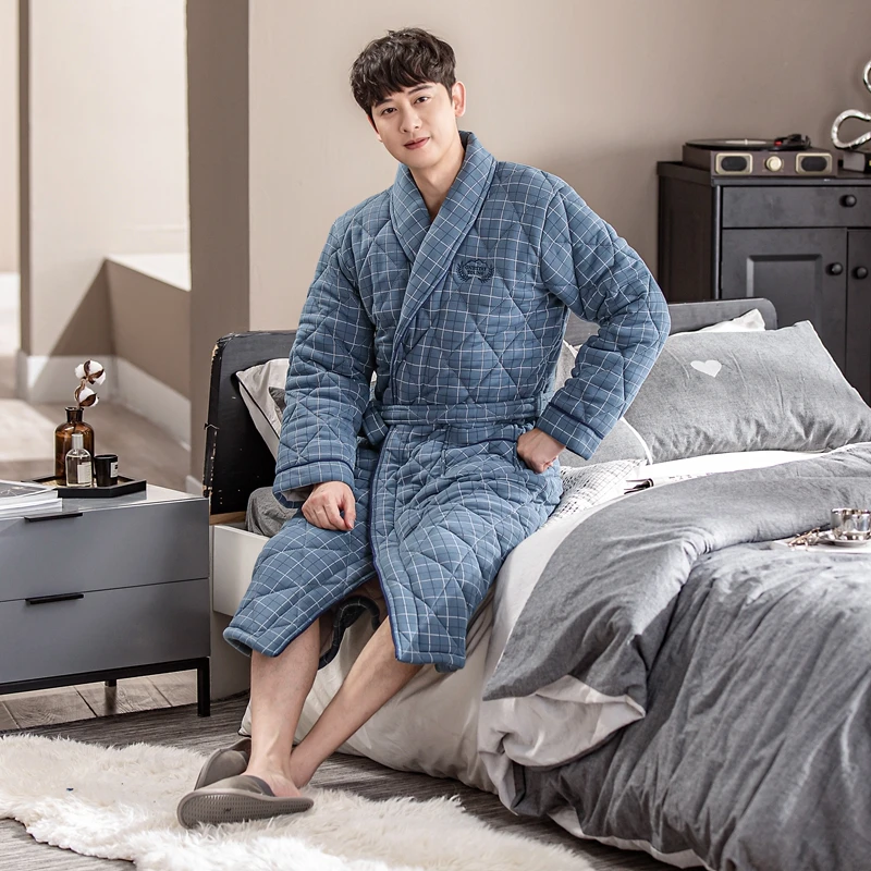 Winter Thick Warm Men 3 Layer Cotton Robes Long Sleeve Plaid Nightgown Casual Soft Loose M-4XL Male Bathrobe